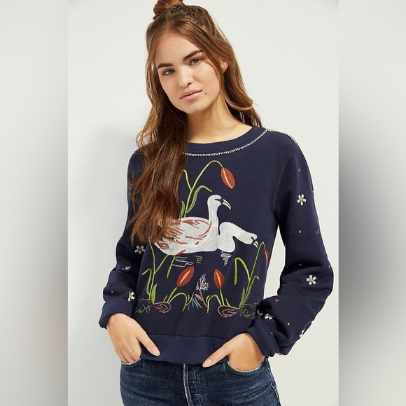 Anthropologie Maeve Swan Lake Embroidered Sweatshirt Size XS - Picture 1 of 5